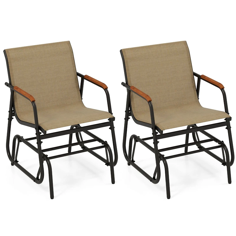Ensemble de 2 chaises à bascule de terrasse, accoudoirs incurvés en teck et assise en tissu respirant - Marron