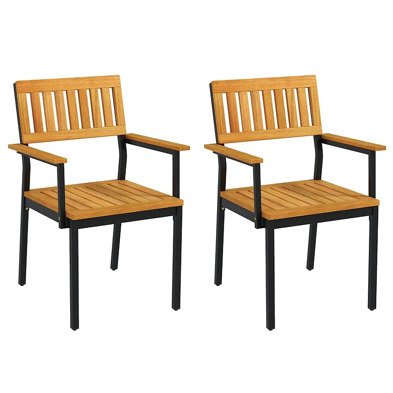 Patio Outdoor Dining Chair Set of 2, Metal and Acacia Wood Frame