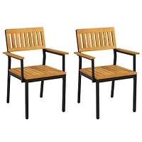 Patio Outdoor Dining Chair Set of 2, Metal and Acacia Wood Frame