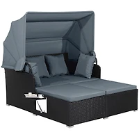Patio Rattan Daybed, Retractable Canopy and Side Tables