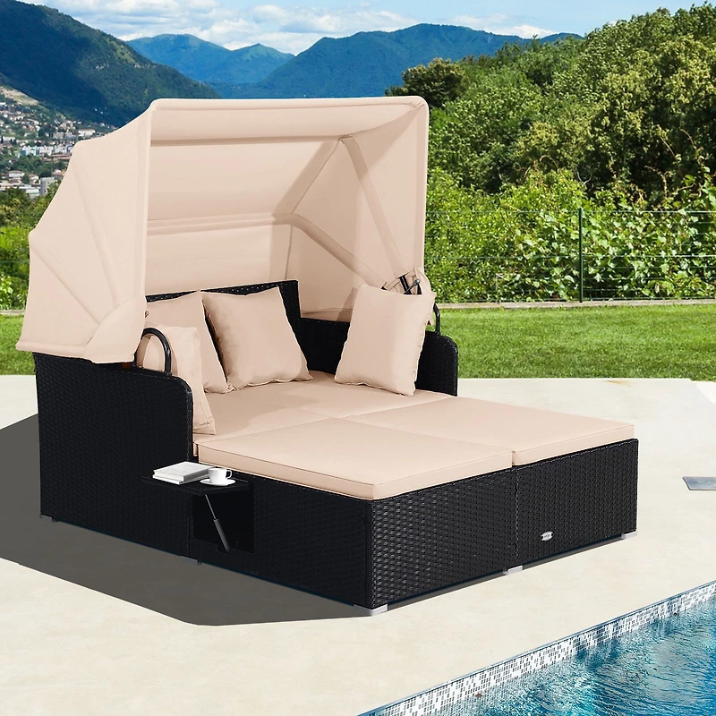 Patio Rattan Daybed, Retractable Canopy and Side Tables