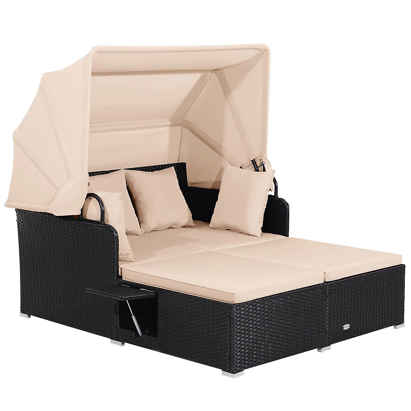 Lit de jardin en rotin, auvent rétractable et tables d'appoint