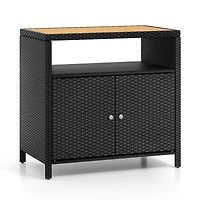 Rattan Storage Cabinet, Acacia Wood Countertop for Poolside Deck and Patio