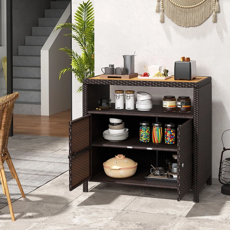 Rattan Storage Cabinet, Acacia Wood Countertop for Poolside Deck and Patio