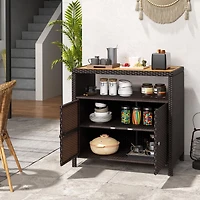 Rattan Storage Cabinet, Acacia Wood Countertop for Poolside Deck and Patio