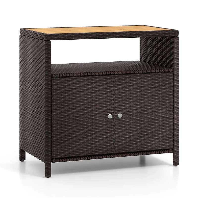 Rattan Storage Cabinet, Acacia Wood Countertop for Poolside Deck and Patio