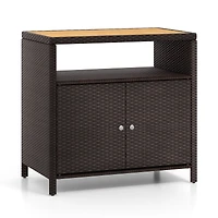 Rattan Storage Cabinet, Acacia Wood Countertop for Poolside Deck and Patio