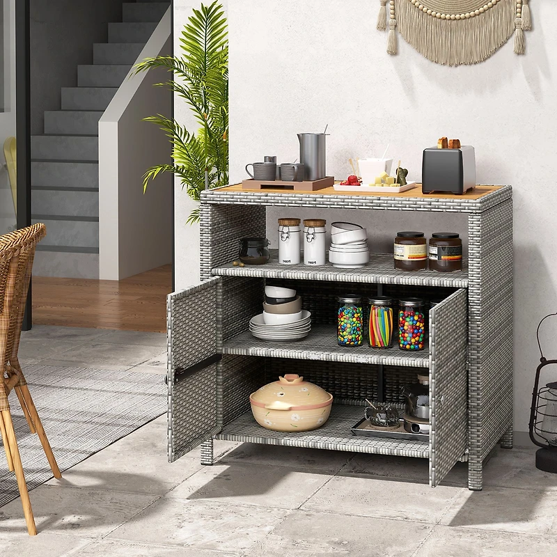 Rattan Storage Cabinet, Acacia Wood Countertop for Poolside Deck and Patio