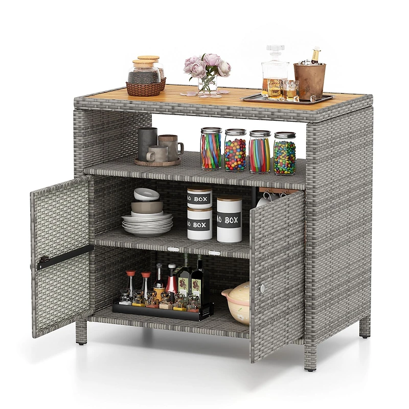 Rattan Storage Cabinet, Acacia Wood Countertop for Poolside Deck and Patio