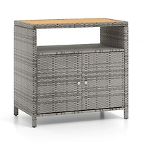 Rattan Storage Cabinet, Acacia Wood Countertop for Poolside Deck and Patio