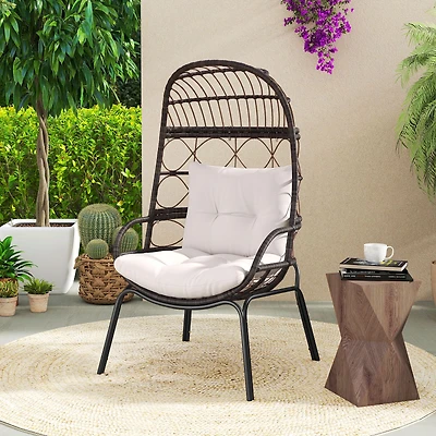 Patio Wicker Egg Chair Outdoor Rattan Lounge Basket, Seat and Back Cushions - Brown
