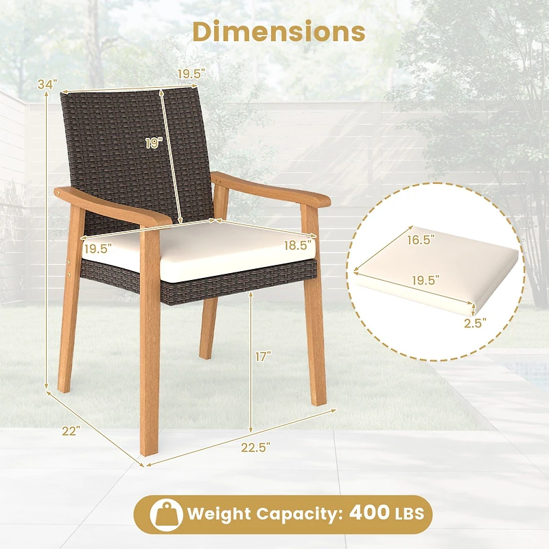 Ensemble de 2 chaises de jardin en rotin PE, coussin amovible et accoudoirs en bois d'acacia - Blanc