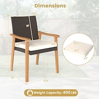 Ensemble de 2 chaises de jardin en rotin PE, coussin amovible et accoudoirs en bois d'acacia - Blanc