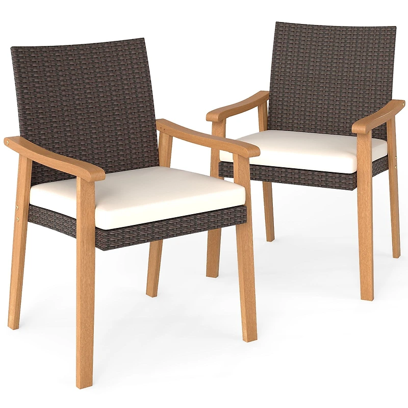 Ensemble de 2 chaises de jardin en rotin PE, coussin amovible et accoudoirs en bois d'acacia - Blanc