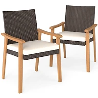 Ensemble de 2 chaises de jardin en rotin PE, coussin amovible et accoudoirs en bois d'acacia - Blanc