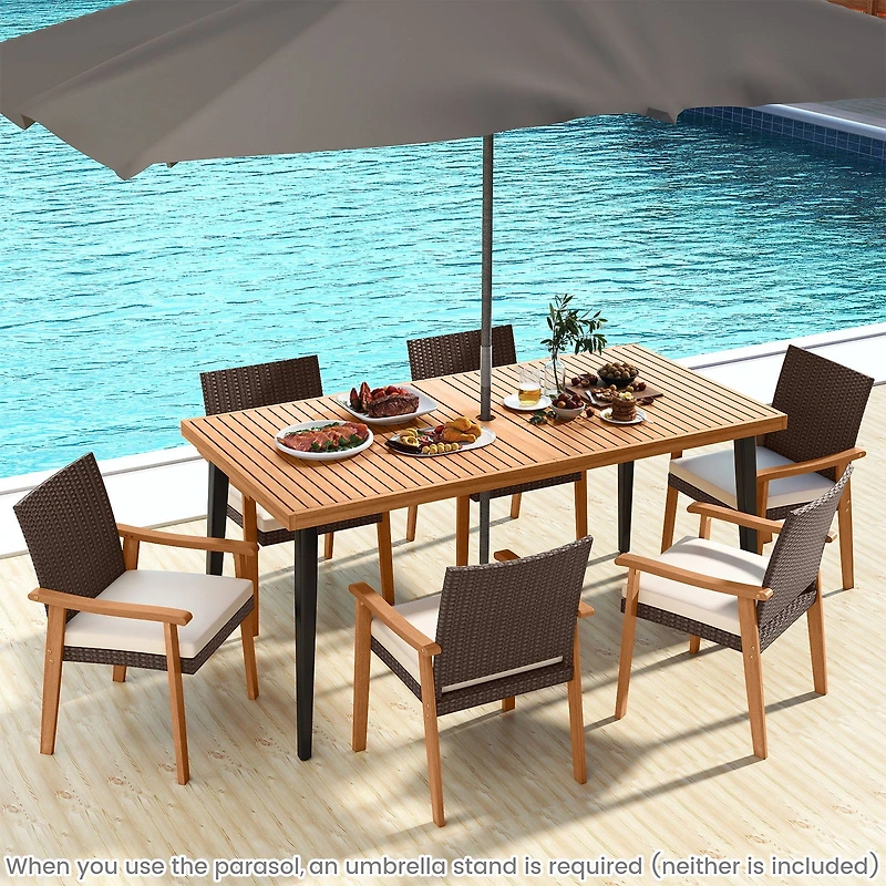 PE Rattan Outdoor Patio Dining Chair Set of 2, Removable Cushion and Acacia Wood Armrests - White