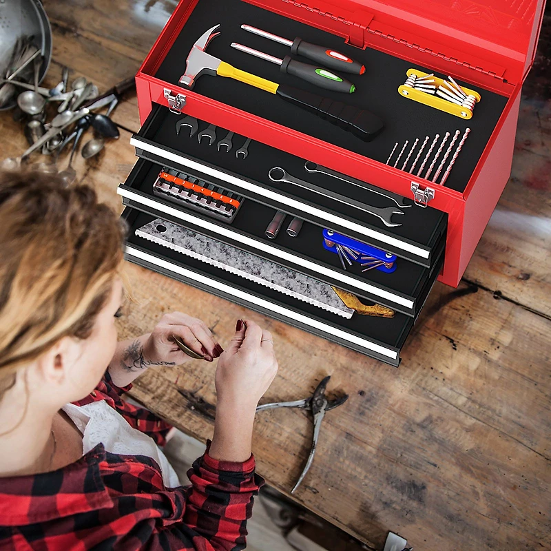 Portable Garage Mechanic Tool Cabinet Box, 3 Drawers - Black & Red