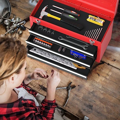 Portable Garage Mechanic Tool Cabinet Box, 3 Drawers - Black & Red