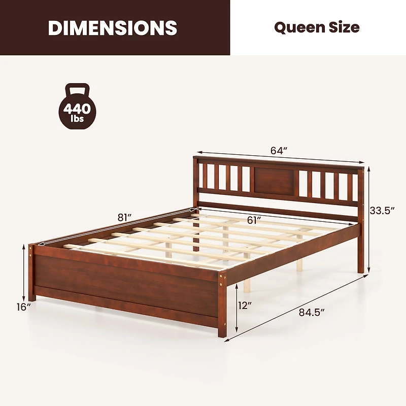 Wooden Platform Bed, Headboard and Slat Support - Queen Size