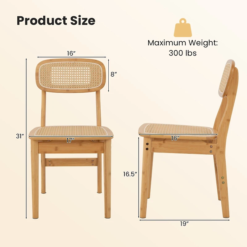 Set of 2 Rattan Dining Chairs, Simulated Rattan Backrest - Natural
