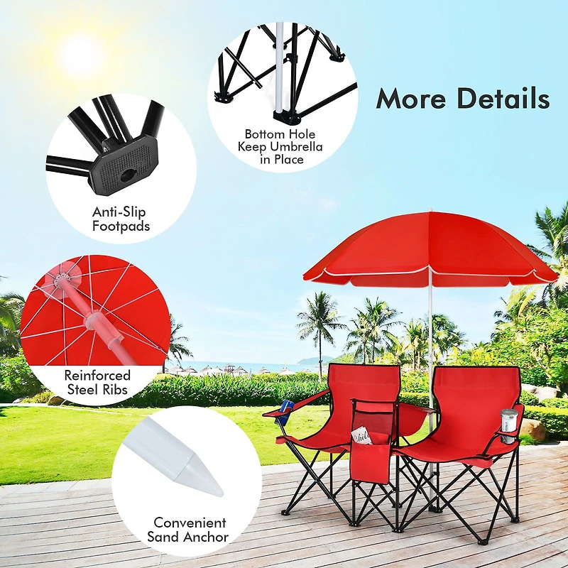 Portable Folding Picnic Double Chair, Umbrella