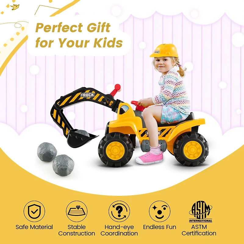 Ride on Push Car Bulldozer Digger Toy, Safety Helmet and Working Shovel