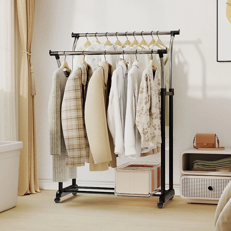 Rolling Clothes Rack Double Rod Garment Rack, Adjustable Height