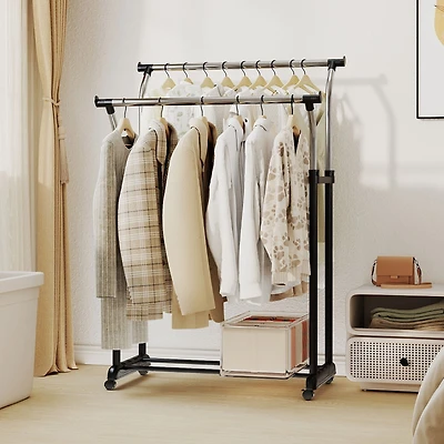 Rolling Clothes Rack Double Rod Garment Rack, Adjustable Height