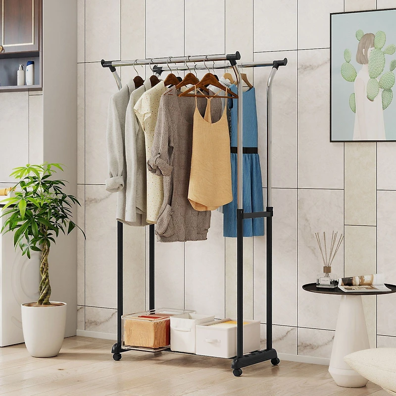 Rolling Clothes Rack Double Rod Garment Rack, Adjustable Height