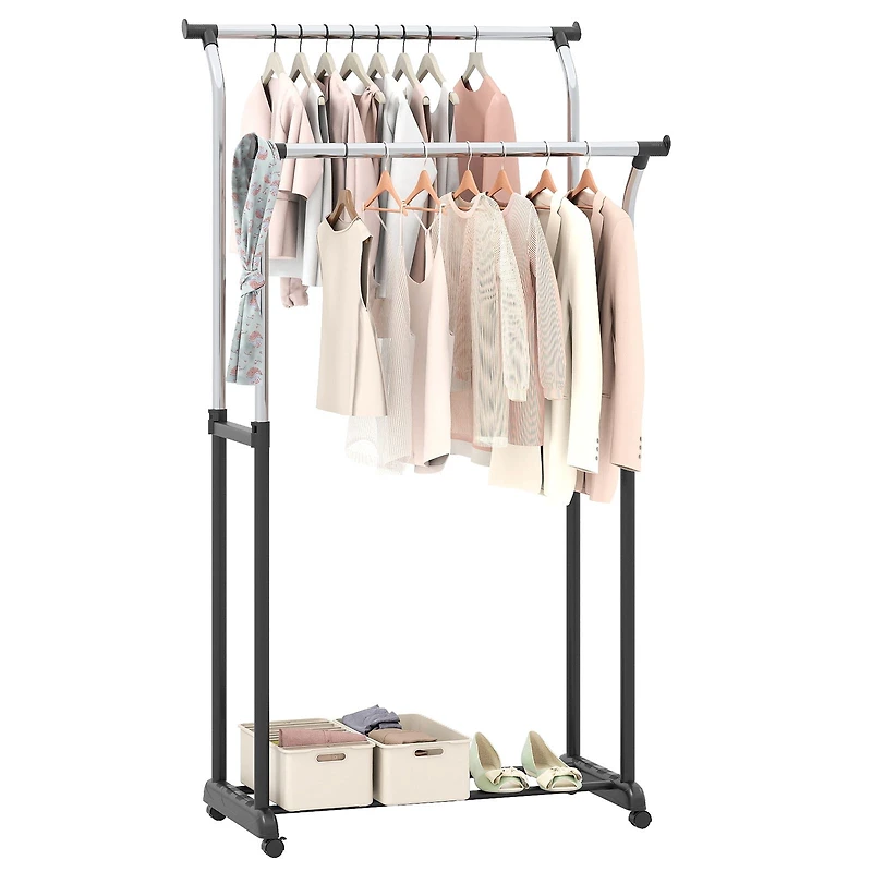 Rolling Clothes Rack Double Rod Garment Rack, Adjustable Height