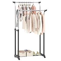 Rolling Clothes Rack Double Rod Garment Rack, Adjustable Height