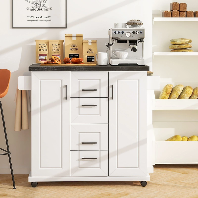 Rolling Kitchen Island Cart on Wheels, Storage Cabinets - White