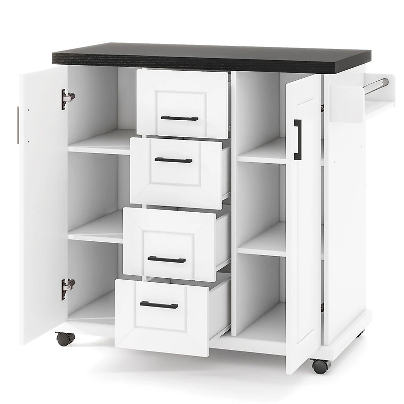Rolling Kitchen Island Cart on Wheels, Storage Cabinets - White