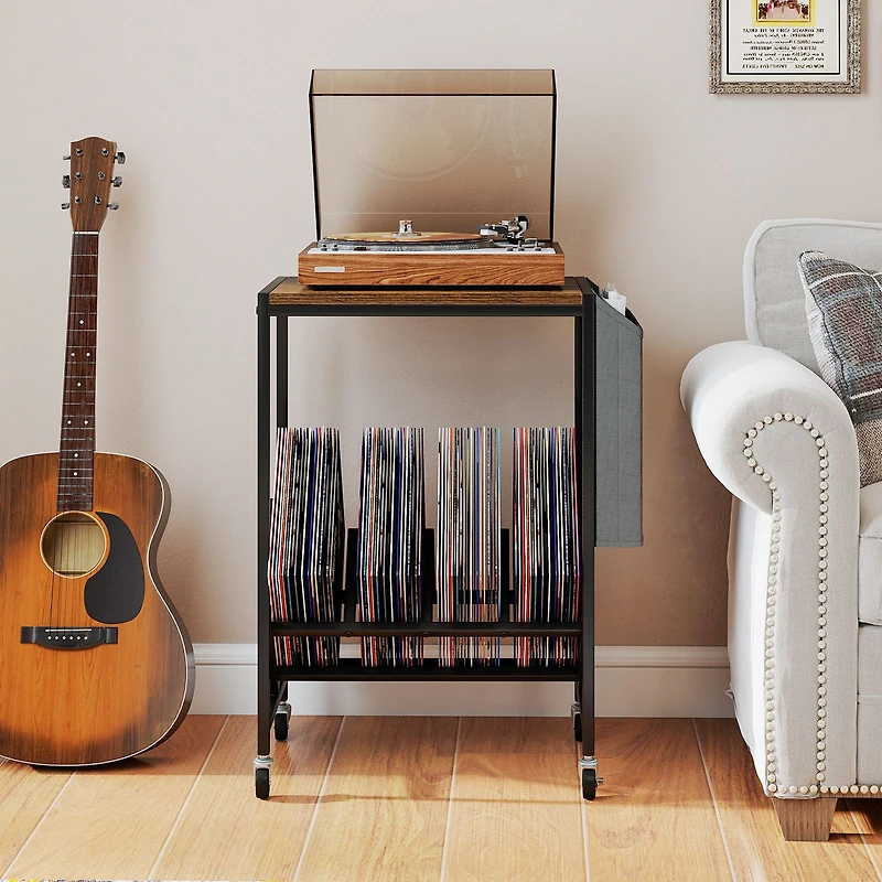 Rolling Record Player Stand 2-Tier, Vinyl Storage and Magazine Holder Bag - Rustic Brown