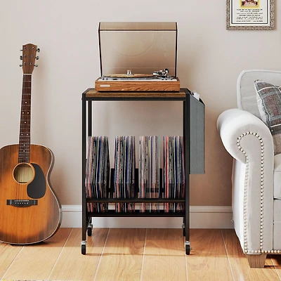 Rolling Record Player Stand 2-Tier, Vinyl Storage and Magazine Holder Bag - Rustic Brown