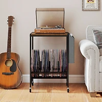 Rolling Record Player Stand 2-Tier, Vinyl Storage and Magazine Holder Bag - Rustic Brown