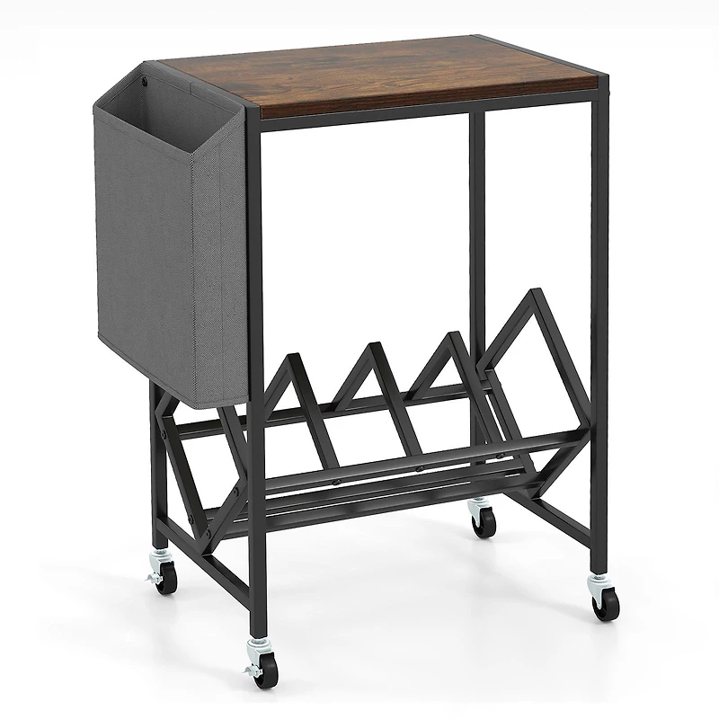Rolling Record Player Stand 2-Tier, Vinyl Storage and Magazine Holder Bag - Rustic Brown