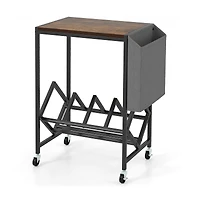 Rolling Record Player Stand 2-Tier, Vinyl Storage and Magazine Holder Bag - Rustic Brown