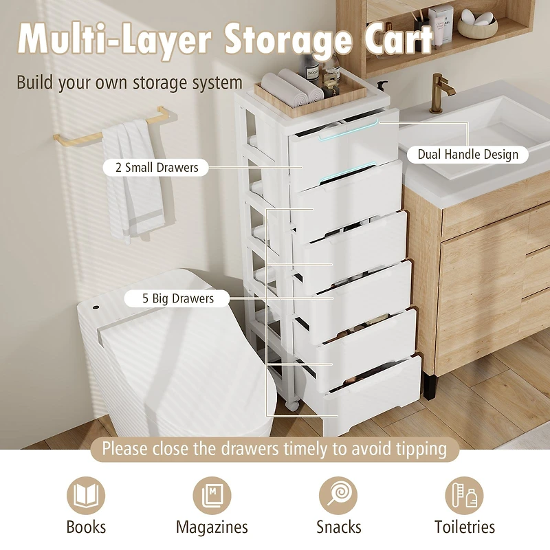 Rolling Storage Cabinet, Universal Wheels and Drawers - 7-Drawer