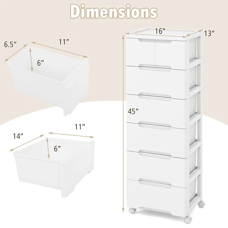 Rolling Storage Cabinet, Universal Wheels and Drawers - 7-Drawer