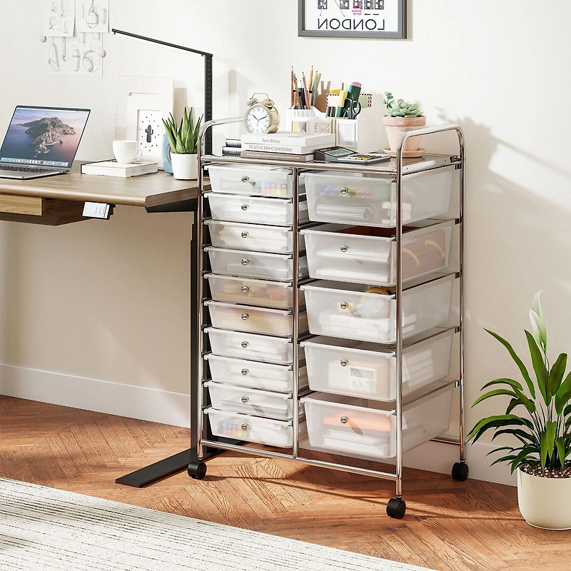 Rolling Storage Cart 15-Drawer Trolley, Chrome Plated Metal Frame