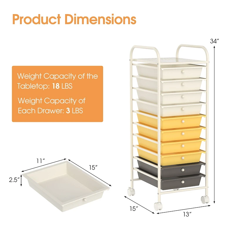 10 Drawer Rolling Storage Cart Organizer, 4 Universal Casters