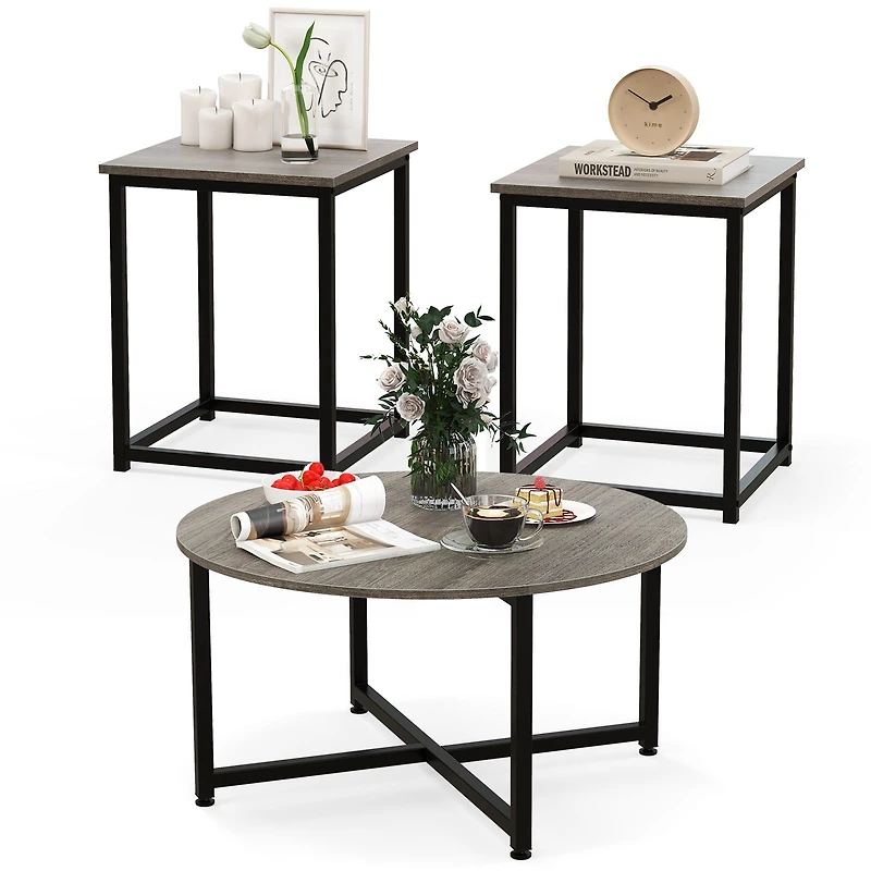 3-Piece Coffee Table Set Round Coffee Table and 2PCS Square End Tables - Gray