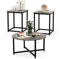 3-Piece Coffee Table Set Round Coffee Table and 2PCS Square End Tables - Gray