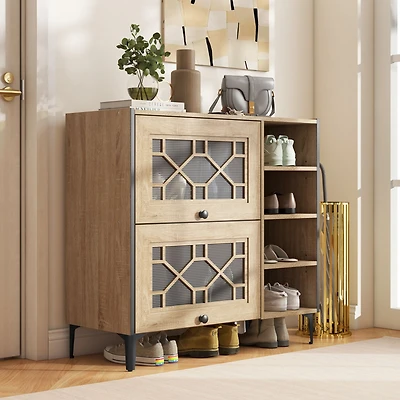 Meuble à chaussures rustique, portes transparentes relevables et étagères réglables - Chêne