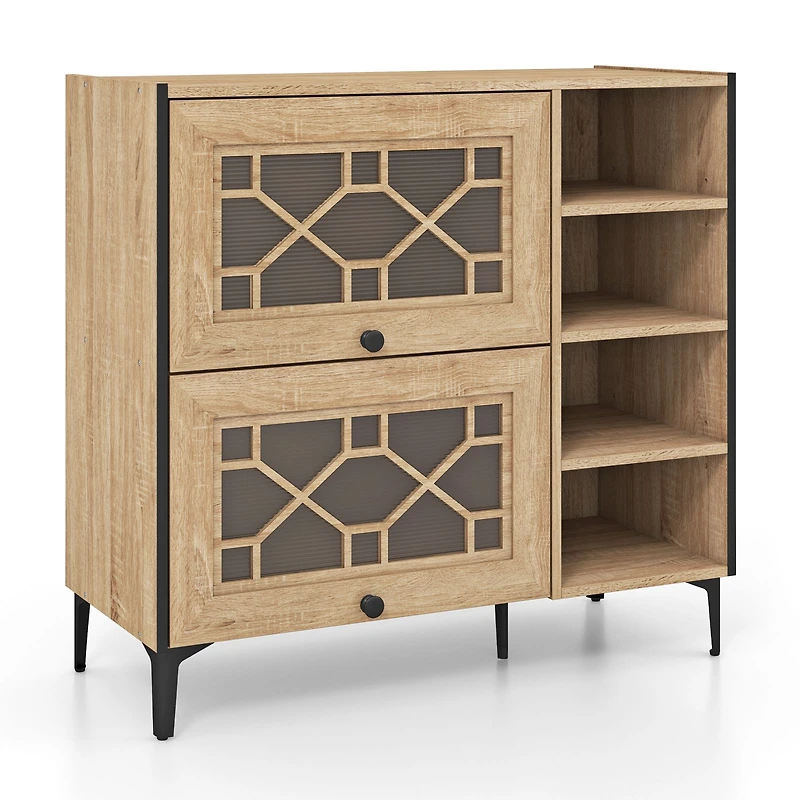 Rustic Shoe Cabinet, Flip-up See-through Doors and Adjustable Shelves - Oak