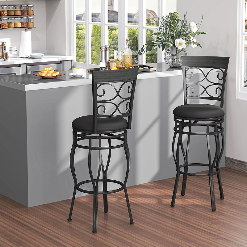 Set of 2 30" Bar Stool, Backrest and Footrest - Black