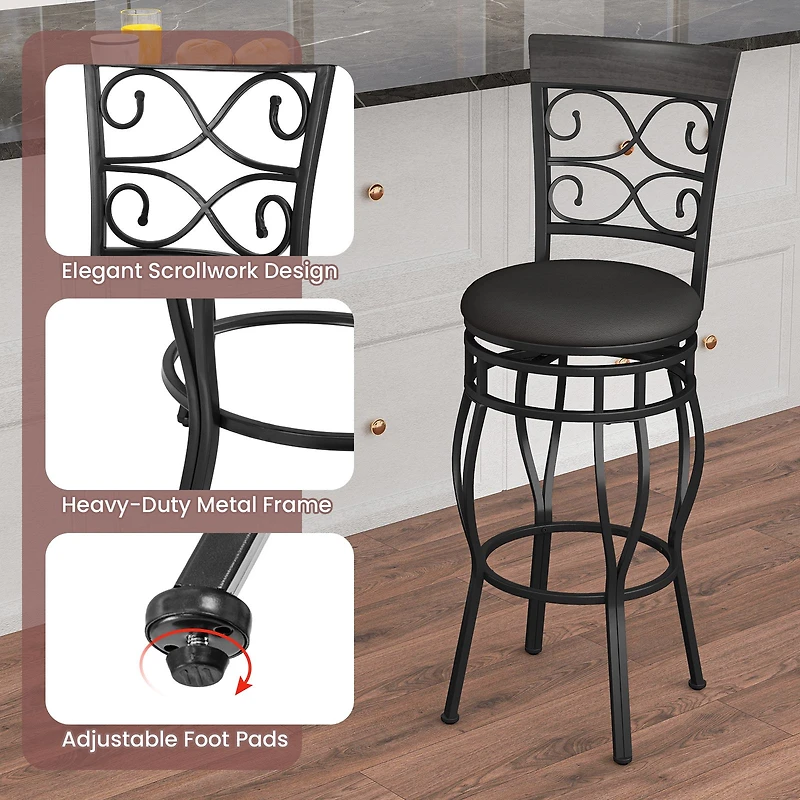 Set of 2 30" Bar Stool, Backrest and Footrest - Black