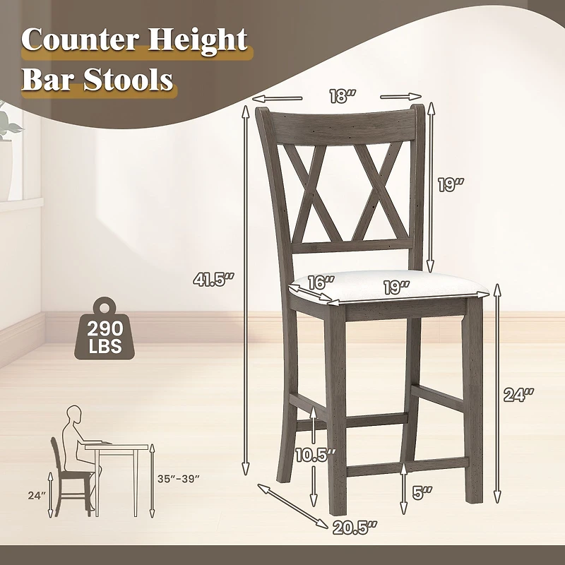 Set of 2 Bar Stools, Cross Back and Linen Fabric Upholstered Seat - Beige