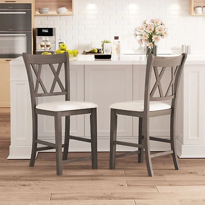 Set of 2 Bar Stools, Cross Back and Linen Fabric Upholstered Seat - Beige